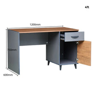 Gray desk with wooden top and side panel, dimensions labeled.