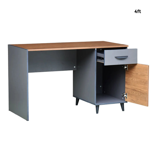 Gray desk with wooden top and side cabinet on a white background