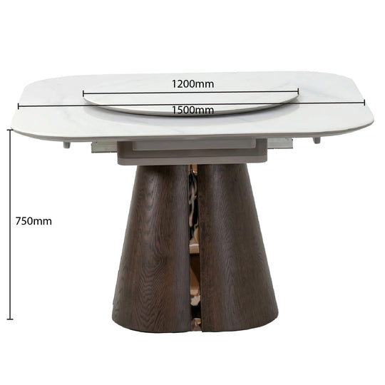 Dining table with dimensions labeled on a white background
