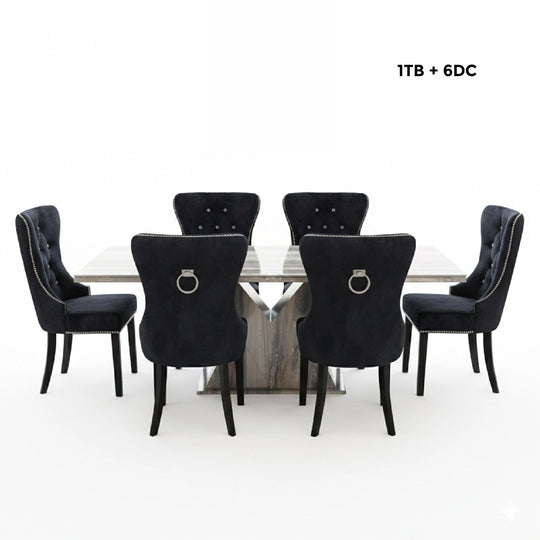 Dining set with black chairs and a round table on a white background