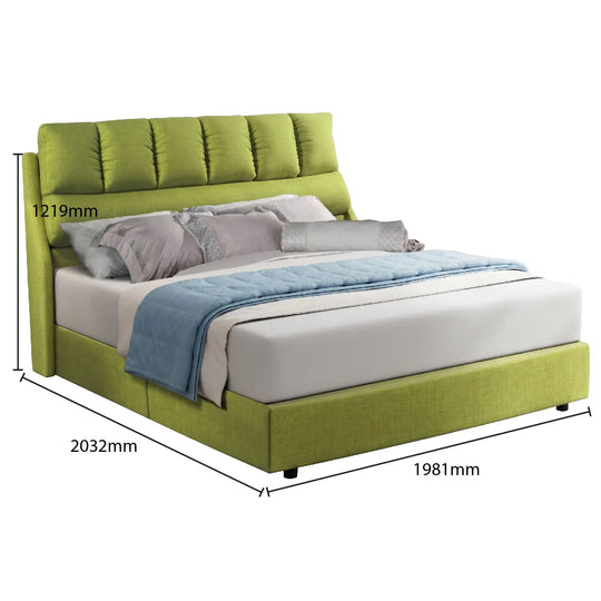 Green upholstered bed with gray bedding and blue blanket, showing dimensions on a white background.
