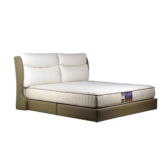 Bed with white mattress and beige frame on a white background