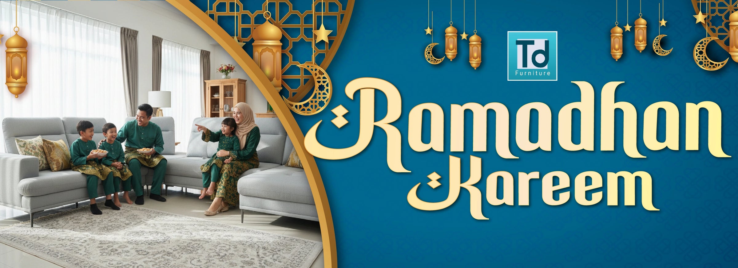 Promotional graphic for Ramadan with family in a living room and 'Ramadhan Kareem' text.