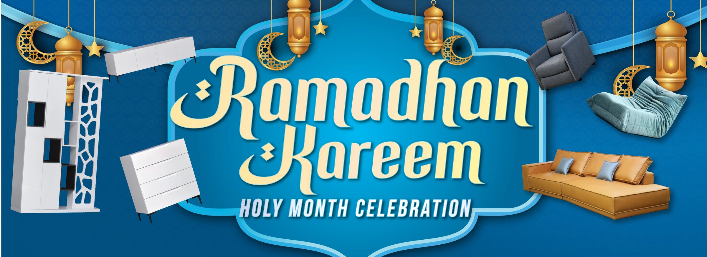 Decorative graphic for Ramadhan Kareem with traditional elements on a blue background