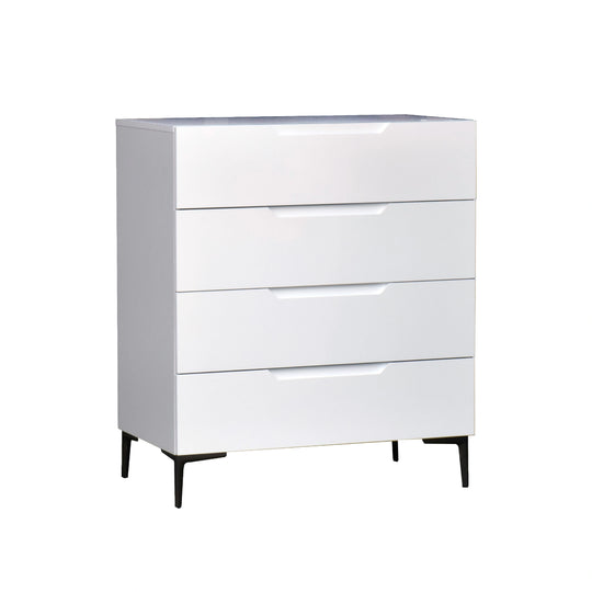 White dresser with four drawers on a white background