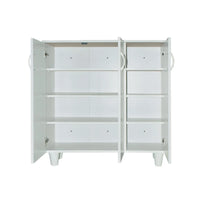 White cabinet with open doors on a white background
