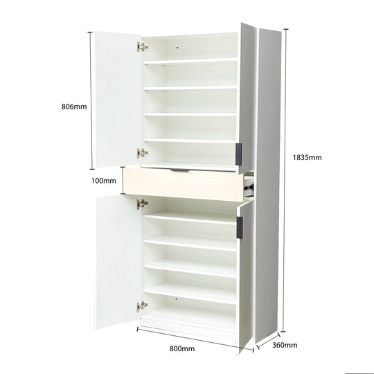 White shoe cabinet with dimensions labeled on a white background