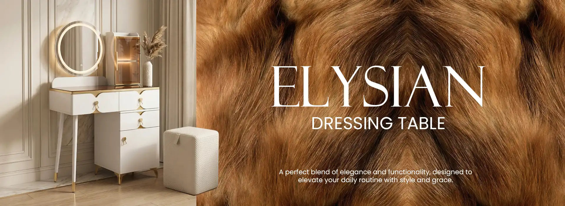 Dressing table with mirror and cabinet in a room, featuring the brand 'Elysian'.