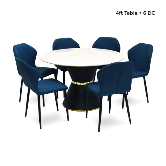 Round table with six blue chairs on a white background