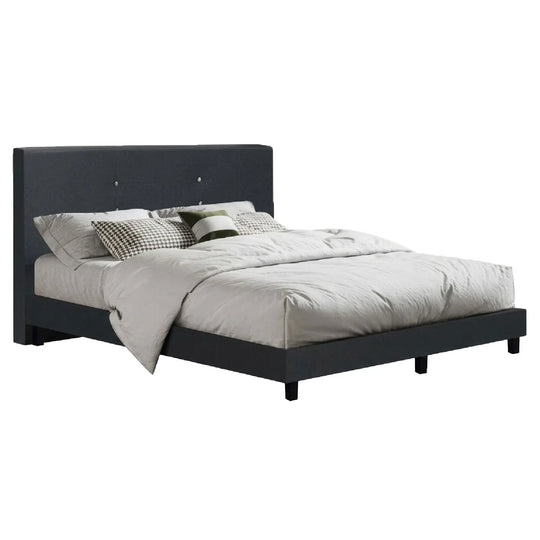 Black bed frame with white bedding and pillows on a white background