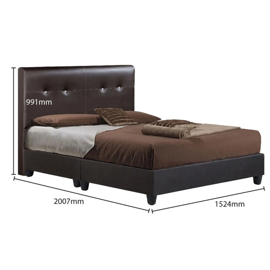 Brown bed with dimensions labeled on a white background