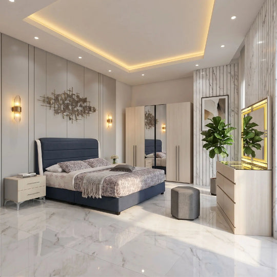 Modern bedroom with a blue bed, wardrobe, and decorative elements.