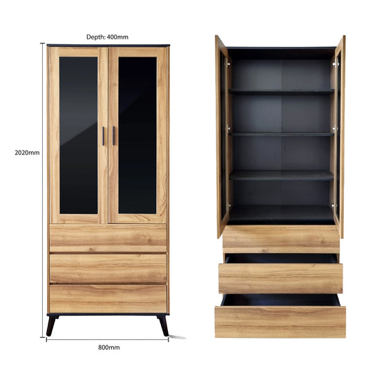 Wooden wardrobe with glass doors and open shelves on a white background