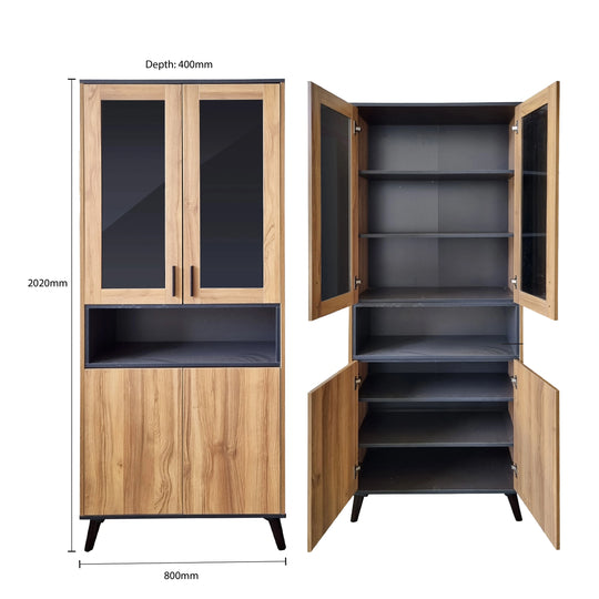 Wooden cabinet with glass doors and open shelves, showing dimensions on a white background.