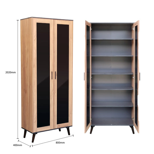 Wooden wardrobe with glass doors and open shelves, showing dimensions on a white background.