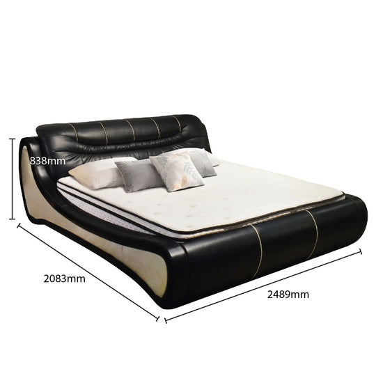 Black and white bed with dimensions on a white background
