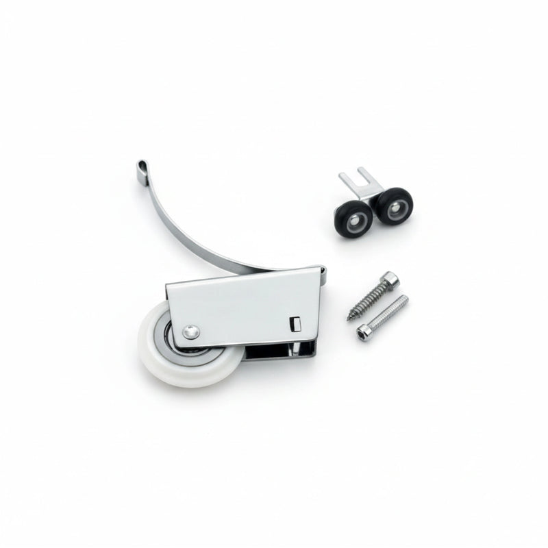 Chrome door roller with wheels and screws on a white background