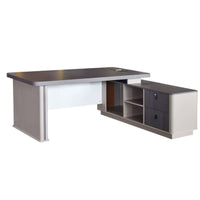 Gray office desk with storage shelves and drawers on a white background