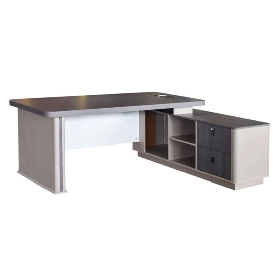 Gray office desk with storage shelves and drawers on a white background