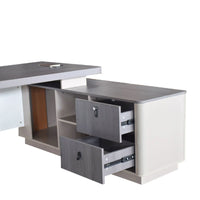 Gray office desk with open drawers on a white background