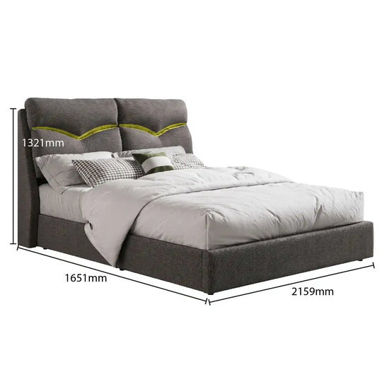 Gray upholstered bed with dimensions labeled on a white background