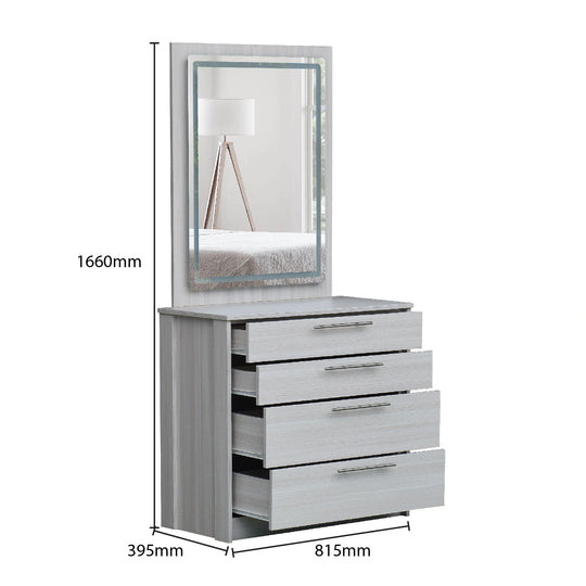 Gray dresser with mirror and dimensions labeled on a white background