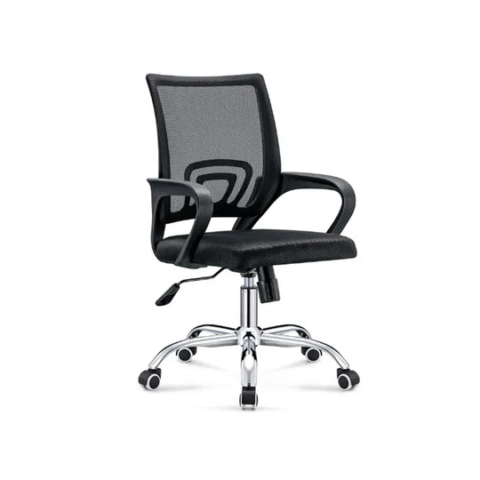 Black office chair with mesh backrest on a white background