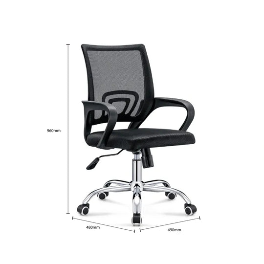 Black office chair with dimensions on a white background