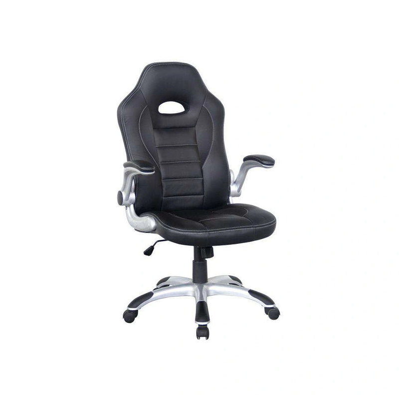 Black office chair with silver accents on a white background