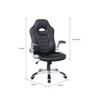 Black office chair with dimensions indicated on a white background