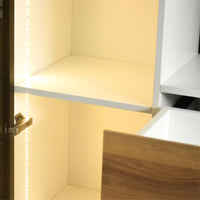 Wooden cabinet with open door revealing interior shelves.