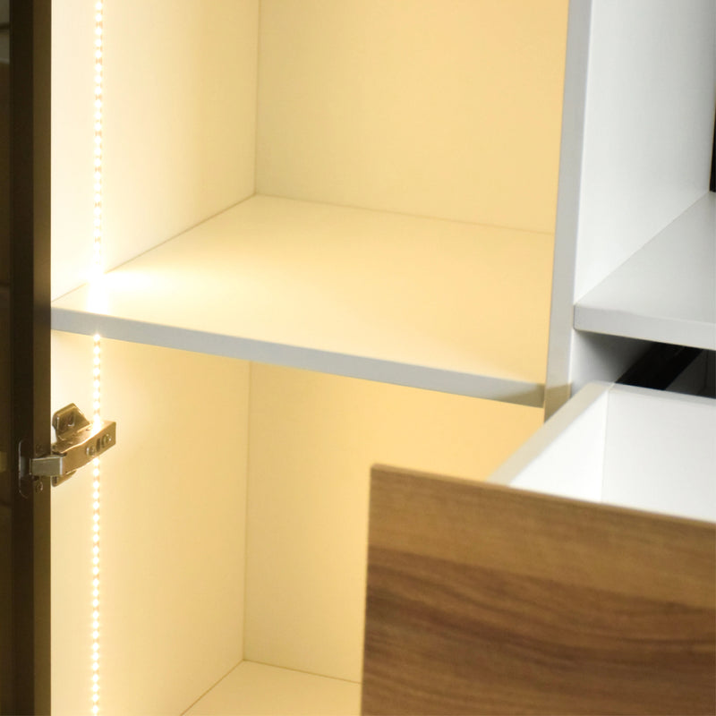 Wooden cabinet with open door revealing interior shelves.