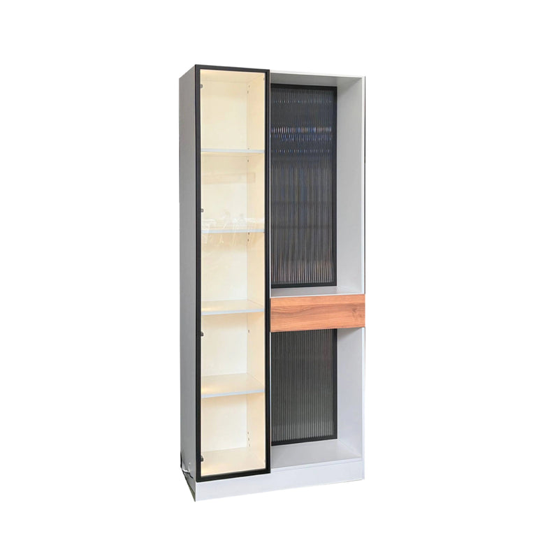 Tall cabinet with glass and wooden doors on a white background