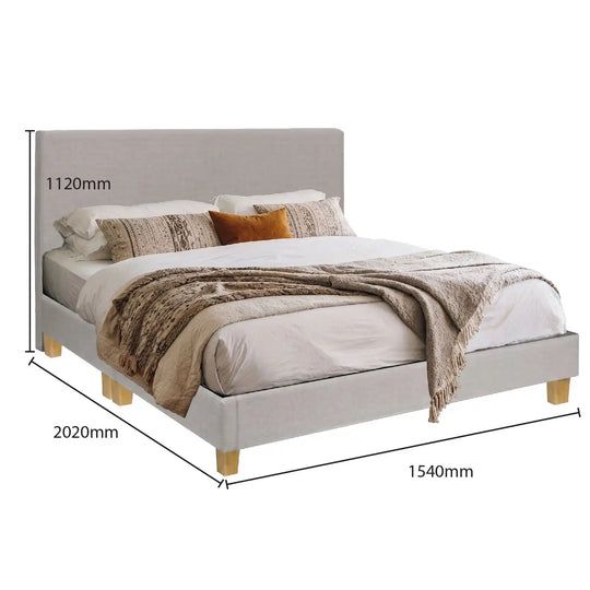 Gray upholstered bed with bedding and pillows, shown with dimensions on a white background