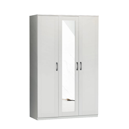 White wardrobe with a mirror on a white background