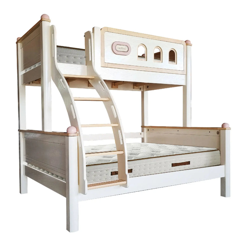 Wooden bunk bed with slide on a white background