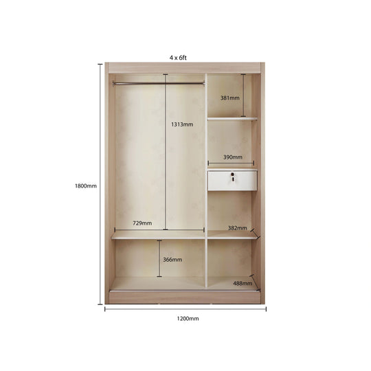 Wooden wardrobe with dimensions labeled on a white background