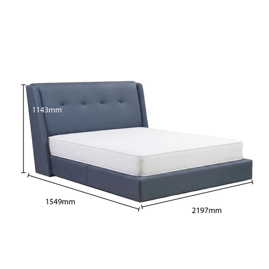 Blue bed frame with white mattress and dimensions labeled on a white background