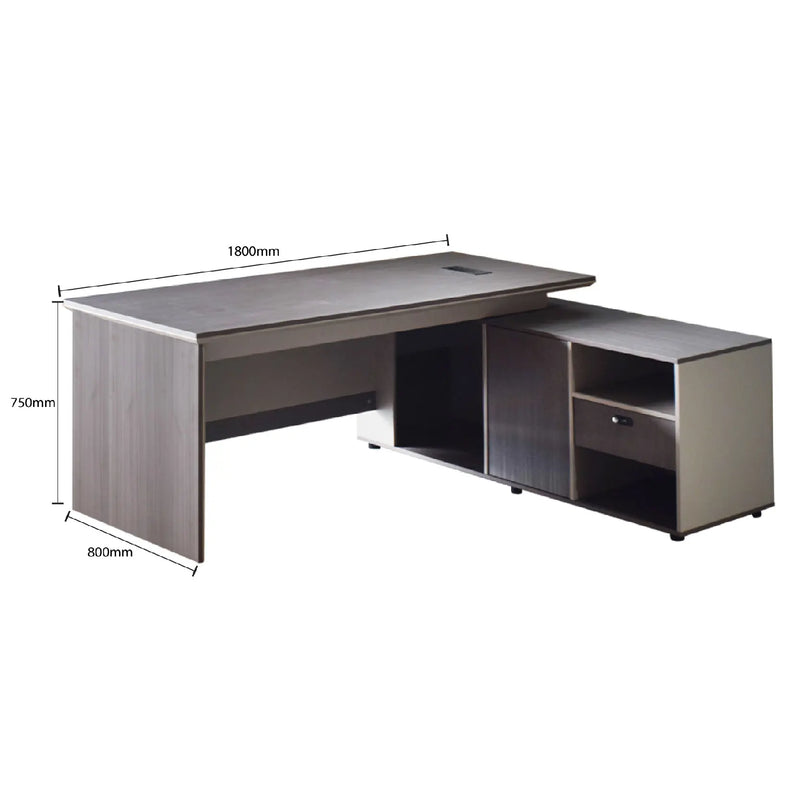 Gray L-shaped desk with dimensions labeled on a white background