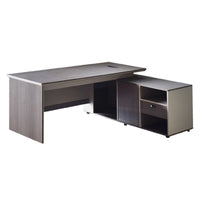 Corner office desk with a dark wood finish on a white background
