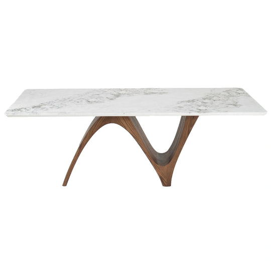 Dining table with marble top and wooden legs on a white background