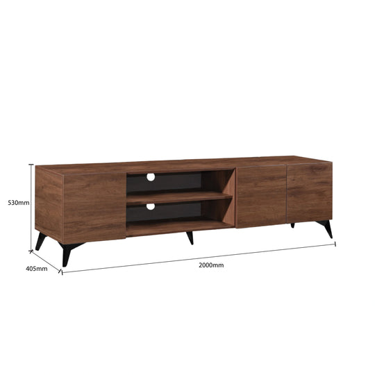 Wooden TV stand with dimensions on a white background