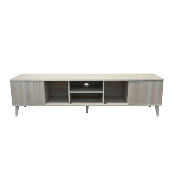 Wooden TV stand with open shelves on a white background