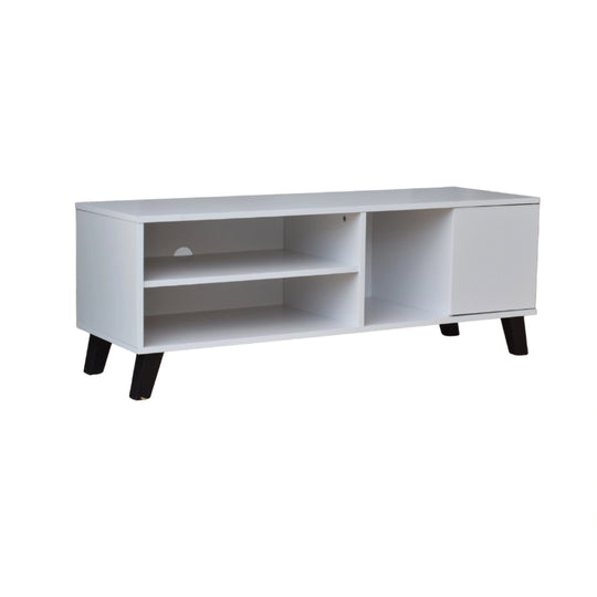 White TV stand with black legs on a white background