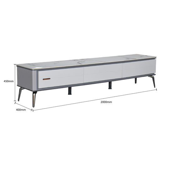 White TV stand with dimensions on a white background