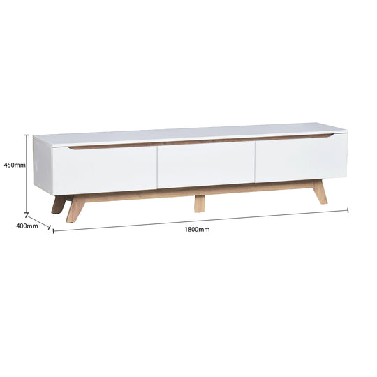 White TV stand with dimensions on a white background