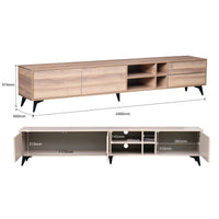 Wooden TV stand with dimensions labeled on a white background