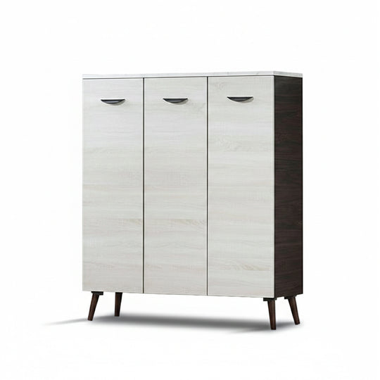 Wooden shoe cabinet with white doors and dark brown base on a white background