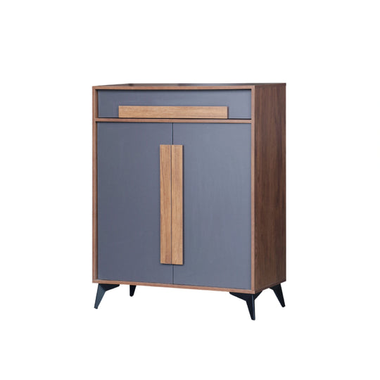 Cabinet with blue doors and wooden accents on a white background