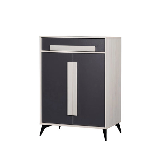 Furniture piece with a dark gray cabinet and white accents on a white background